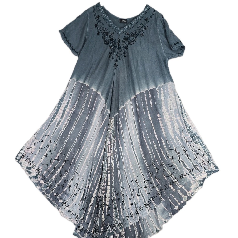 Sakkas Blue Tie Dye Embroidered Boho Midi Dress O/S Festival Handkerchief Hem